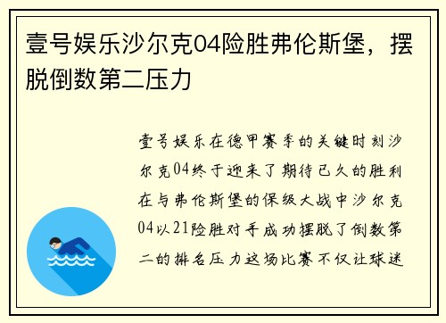 壹号娱乐沙尔克04险胜弗伦斯堡，摆脱倒数第二压力