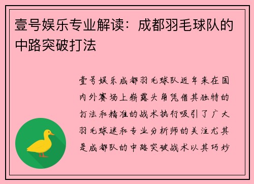壹号娱乐专业解读：成都羽毛球队的中路突破打法