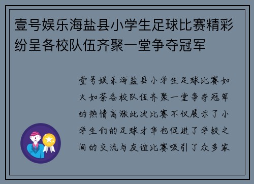 壹号娱乐海盐县小学生足球比赛精彩纷呈各校队伍齐聚一堂争夺冠军