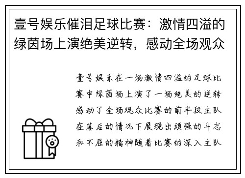 壹号娱乐催泪足球比赛：激情四溢的绿茵场上演绝美逆转，感动全场观众的精彩瞬间