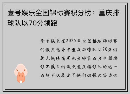 壹号娱乐全国锦标赛积分榜：重庆排球队以70分领跑